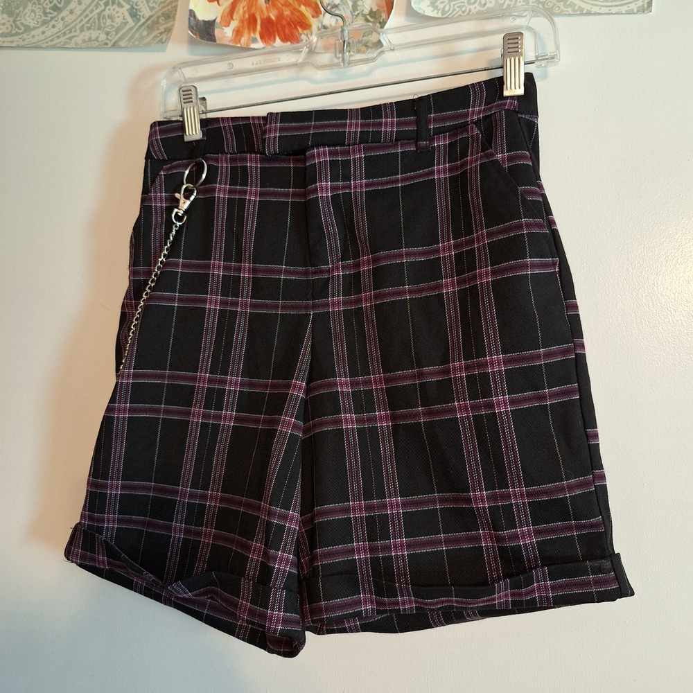 Hot Topic Black and Pink Plaid Women's Shorts with Chain S/M
